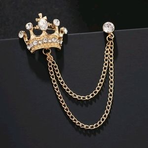 Crown Gold Tone With Rhinestones Unisex Chained Decor Brooch